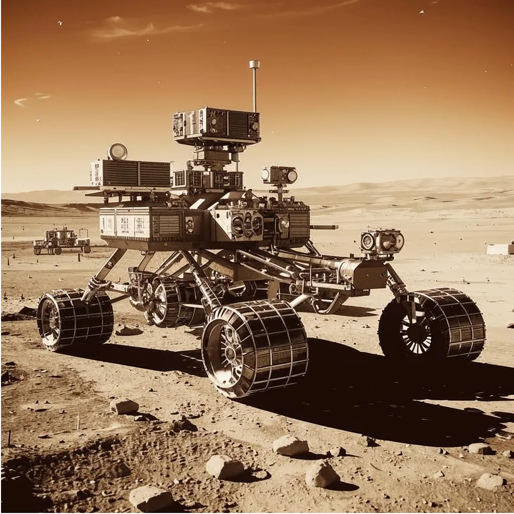 A rover with metal lattice wheels on another planet