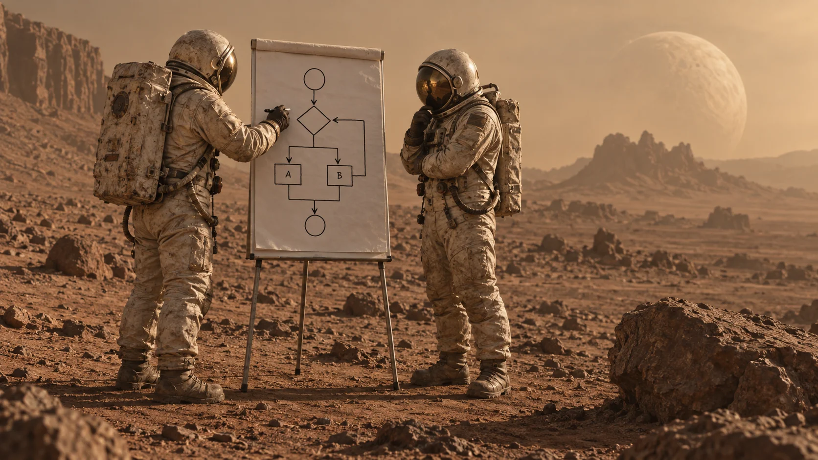 On another planet, people in space suits draw a diagram of boxes and arrows on an office flip-chart